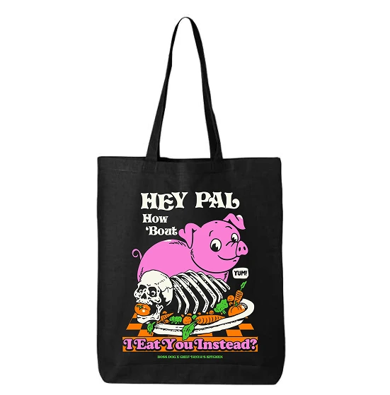 Pink tote bag with “Laughter Not Slaughter” cow print by Chef Tanya’s Kitchen